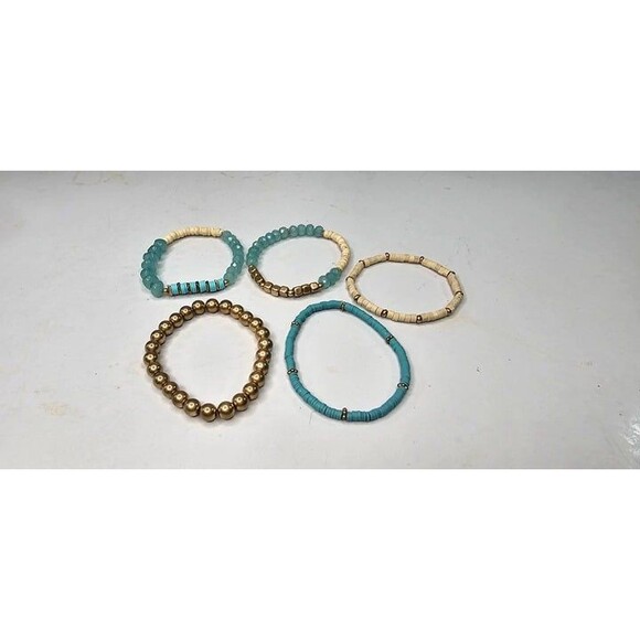 Lot of 5 Aqua, Gold Tone and Cream Stretch Beaded Bracelets - Picture 3 of 3